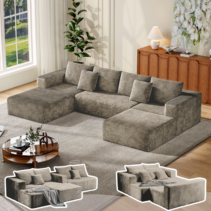 133" Sectional Boneless Couch for Living Room,Modern Modular Cloud Couch with Deep Seat,Upholstered Sleeper Sofa with 1 Ottoman,Convertible Folding Couches,No Assembly (Camel)