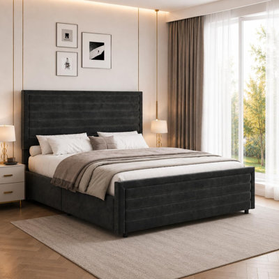 Velvet Platform Bed Frame with Wooden Slats and Rustic Black Nightstand Set with Two Drawers
