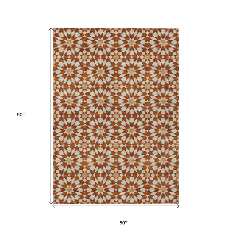 Tapis extérieur lavable à médaillon floral orange 5 pi x 8 pi beige et cuivre 5 pi x 8 pi