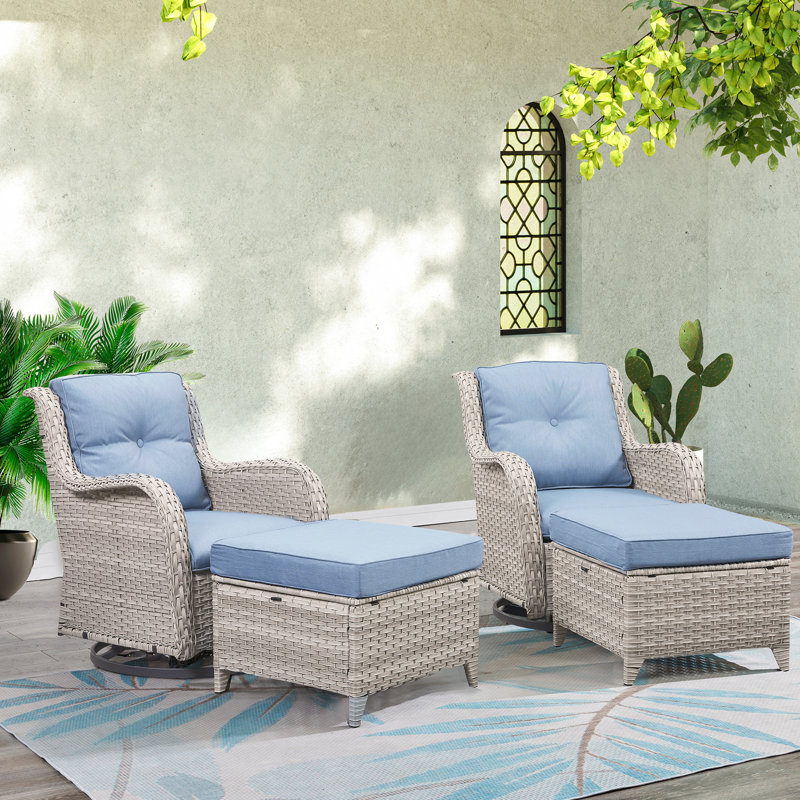 Bonia Makennah Swivel rocking Patio Chair with Cushions and Ottoman, Off White, Baby Blue