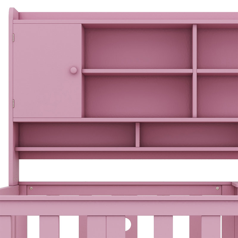Multifunctional Wood Platform Bed With Bookshelf At The Head Of The Bed, Built-In Desk And Matching Chair, Pink