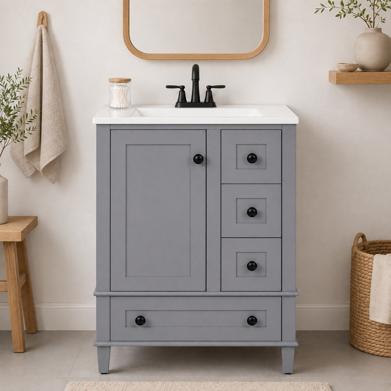 Meuble-lavabo autoportant de 61 cm de largeur avec tiroir compartimenté, rangement sur porte et comptoir en céramique, Gris