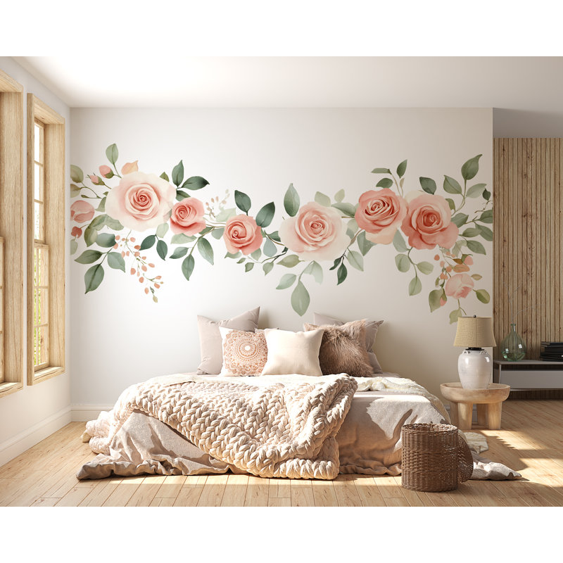 Adhésif décoratif rosé, art floral de grande chambre à coucher, tête de lit amovible romantique 109Mv, H 24 po x l 13 po