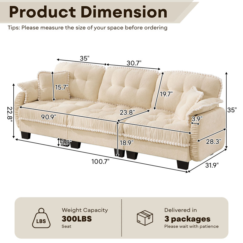 Canapé modulaire en chenille avec 4 coussins, Beige Chenille, 35" H x 100" W x 32" D