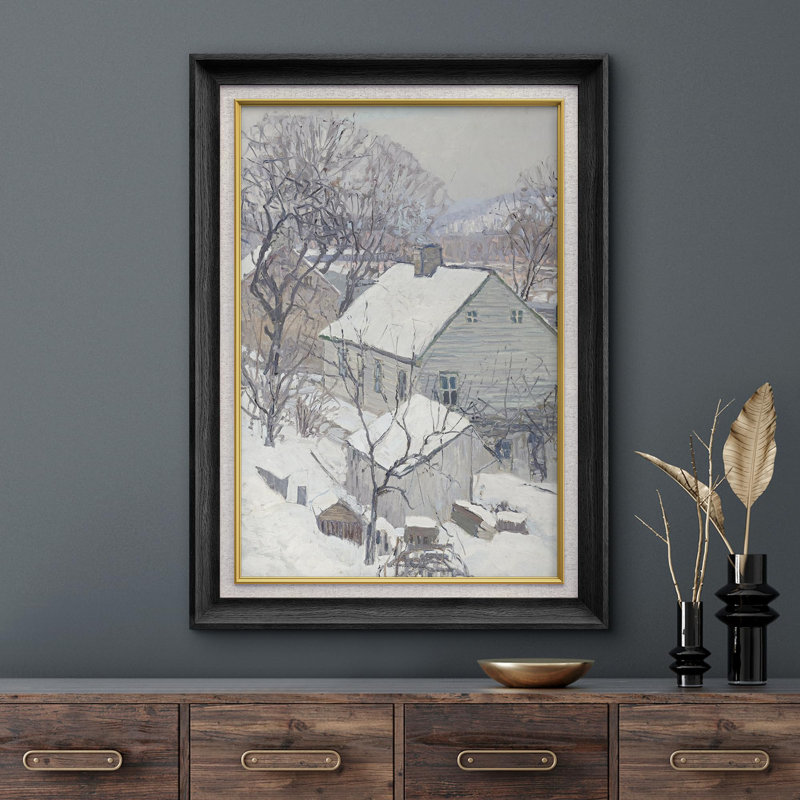 Rustic Countryside Winter Snow Countryside Cottage, impression sur papier, Cadre noir, Pas de tapis