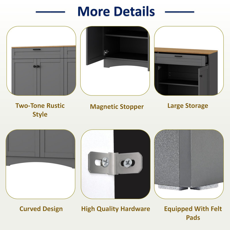 Farmhouse Sideboard With Adjustable Shelves And Rustic Handles, Gray