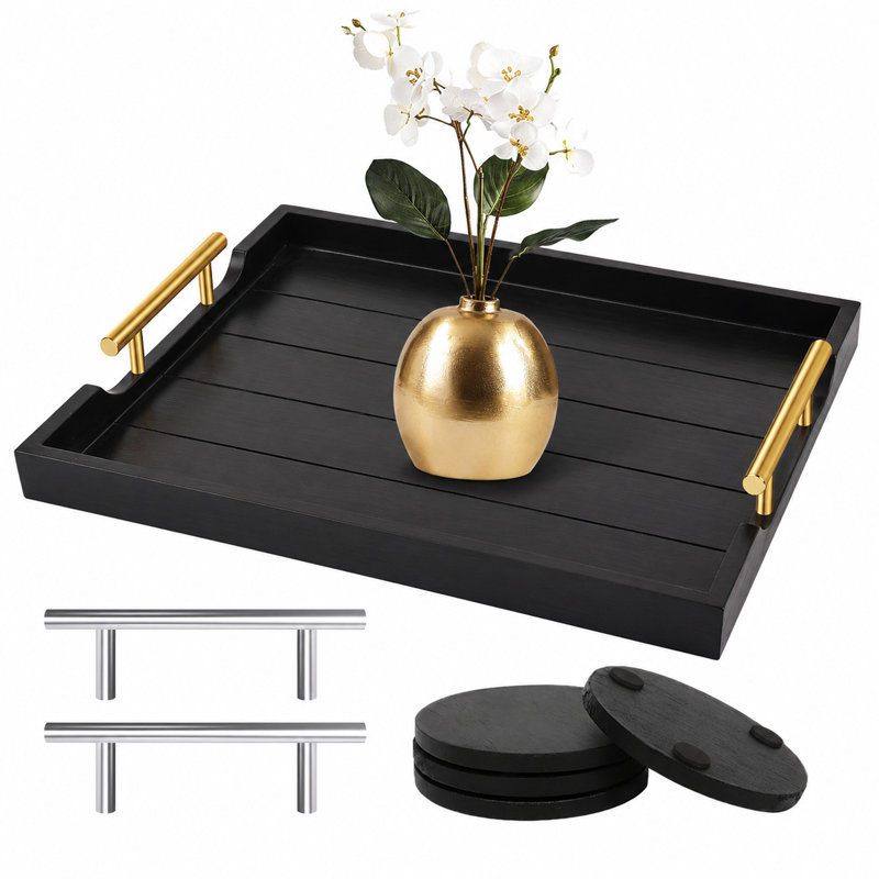 Ottoman Tray Large Wooden Serving With 2 Sets Of Handles For Coffee Table Rustic Living Room Kitchen Decor With 4 Round Coasters Included