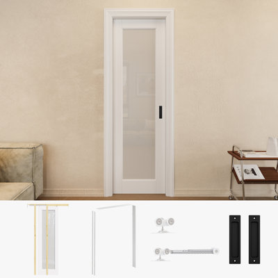 Glass Frosted Pocket Door with Hardware Kit and Door Frame