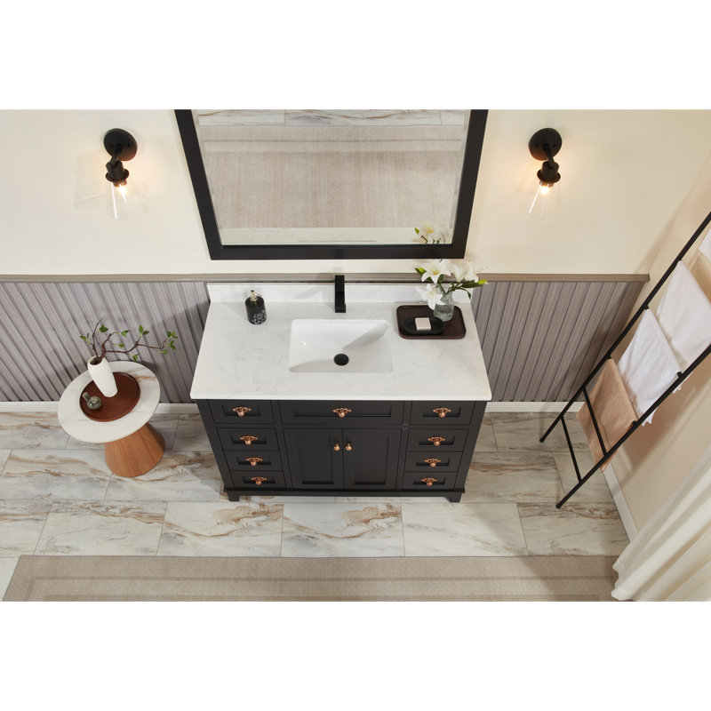 48" Solid Wood Sink Vanity With 1' Artificial Stone Top, Tricorn Black, Rose Gold