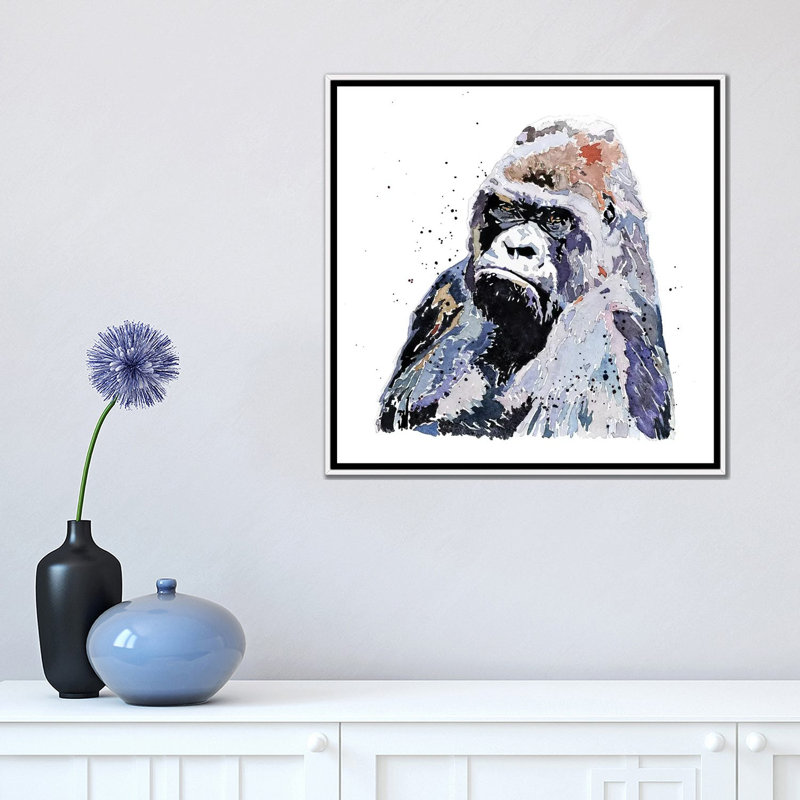 Grand garçon Gorilla par Edwatercolours-impression, Pas de tapis, H 18 po x l 18 po x 1,5 po, Toile blanche encadrée