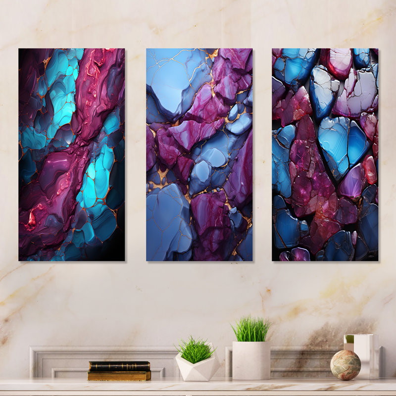 Volcan de marbre bleu et mauve sans soudure I - formes abstraites modernes en métal, ensemble de 3, H 28 po x l 36 po