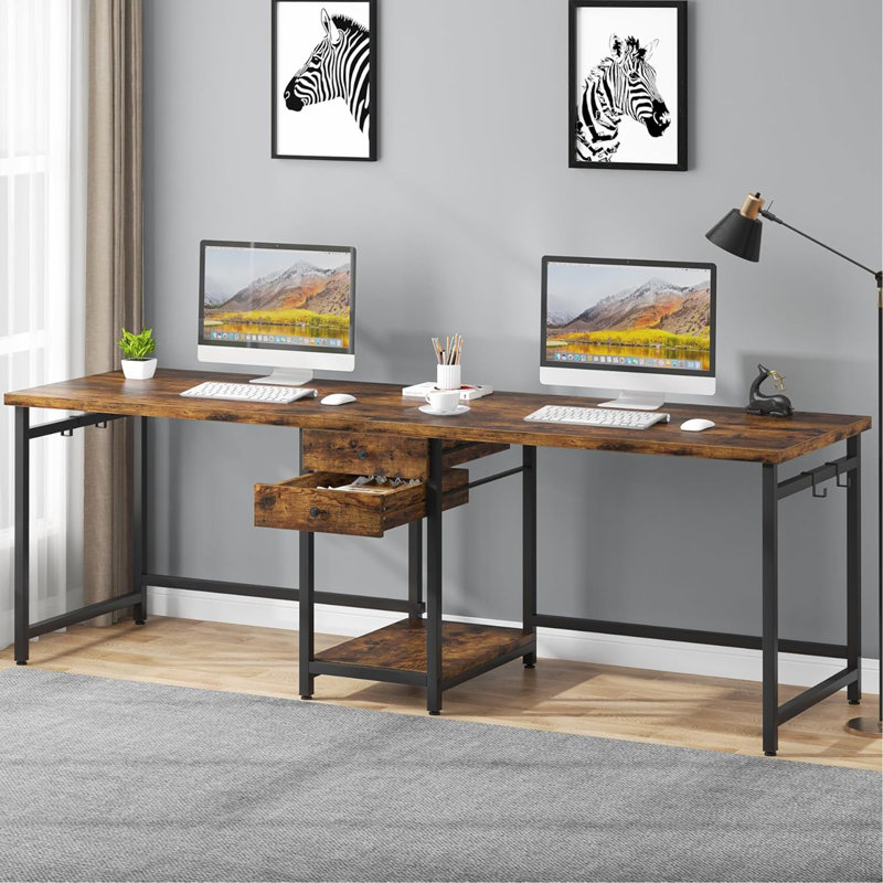 Bureau d'ordinateur 79 pouces pour deux personnes avec tiroirs et tablettes de rangement, table de travail double extra longue avec crochets, bureau d'écriture pour bureau personnel, brun rustique