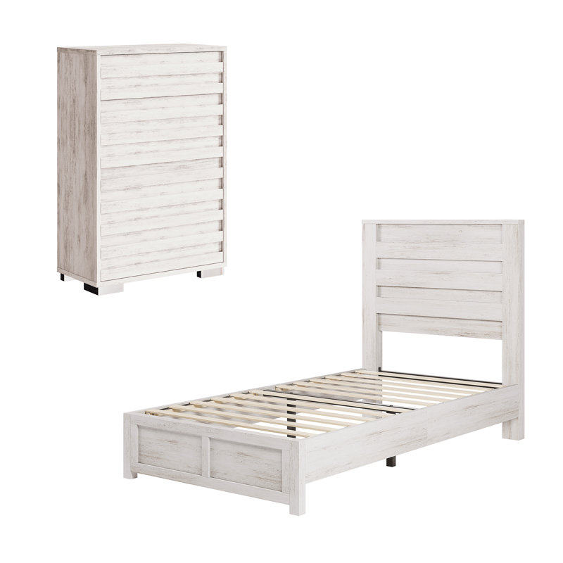 Farmhouse 2 Piece Bedroom Set, Platform Bed And 5 Drawer Dresser, Twin, White