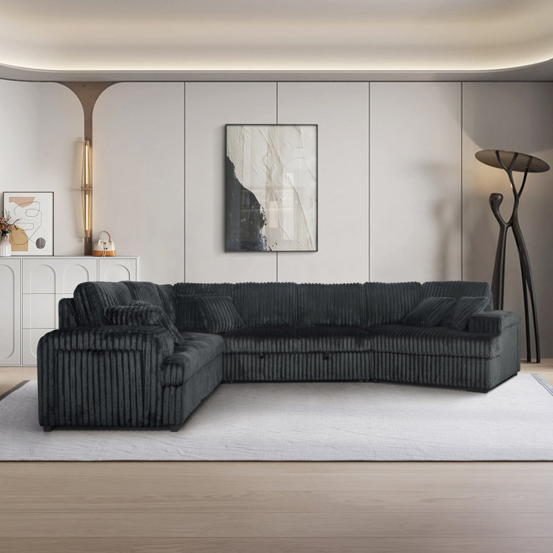Canapé modulaire en velours côtelé chocolat avec accoudoirs et rangement USB + 6 coussins, Velours côtelé gris foncé