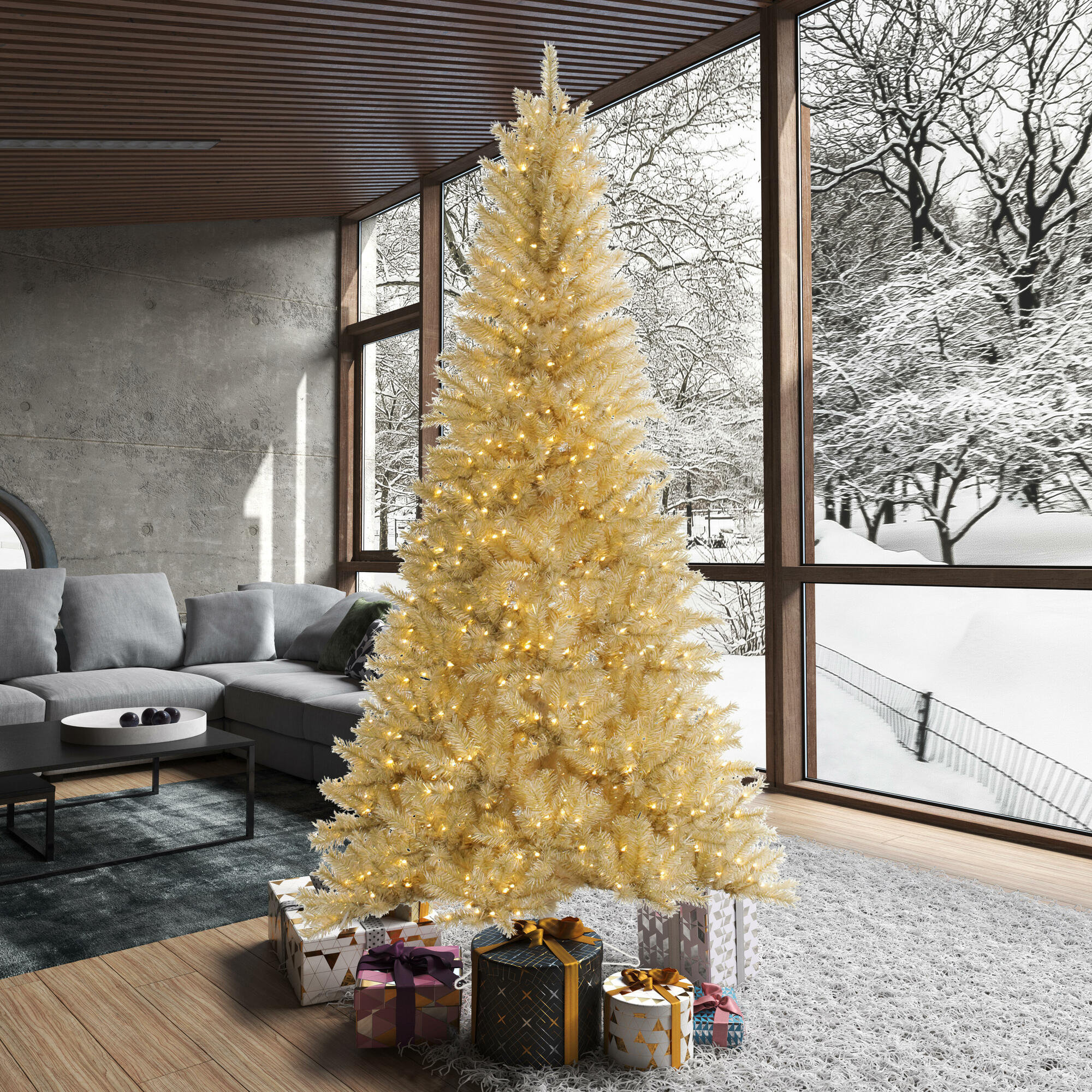 white christmas tree with yellow lights