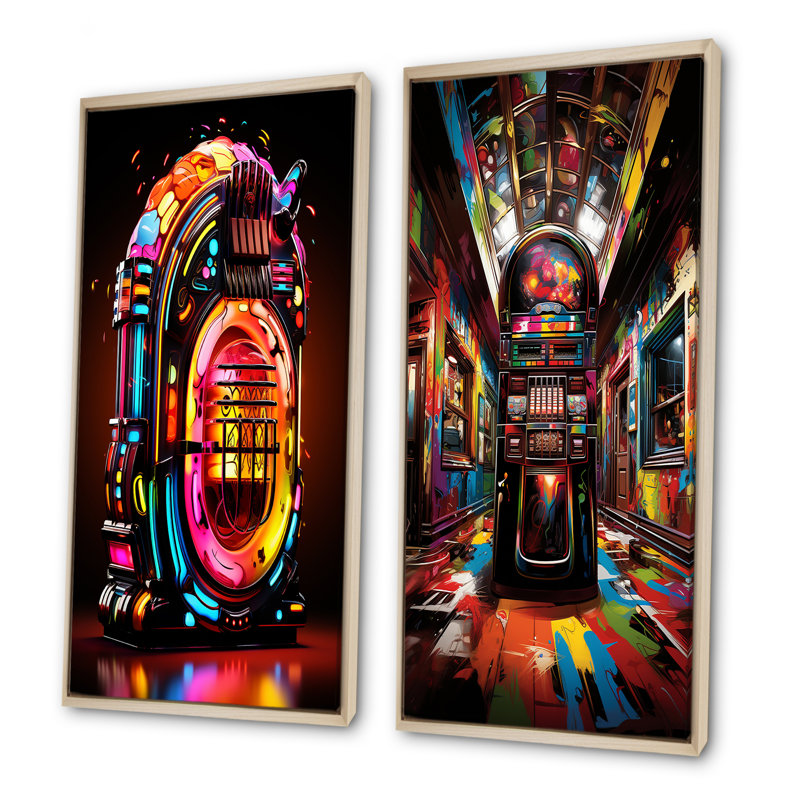 Ensemble de salon Jukebox Machine Neon Grooves I - Jukeboxes, H 28 po x l 25 po, Cadre flottant brun