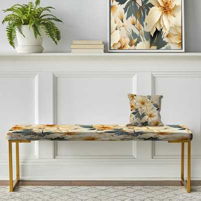 Antique beige et bleu pivoines fleurs III - banc rembourré floral doré