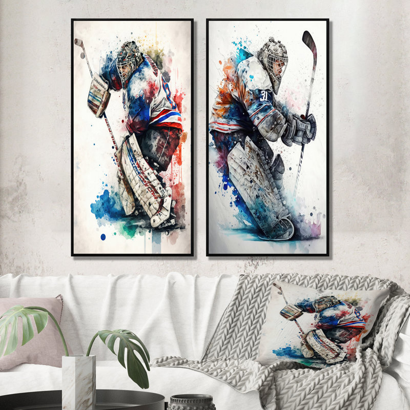 «Hockey Gardien», 2 pièces sur toile, Cadre noir, H 32 po x l 32 po