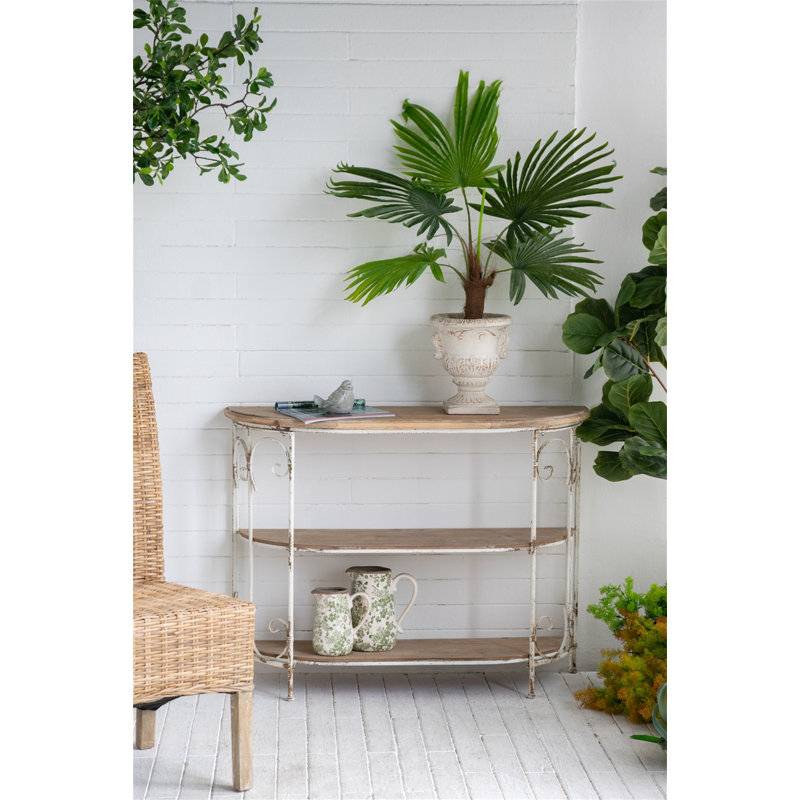 43.5X14x32" Three-Tiered White Wooden Shelving Unit With Ornate Iron Frame