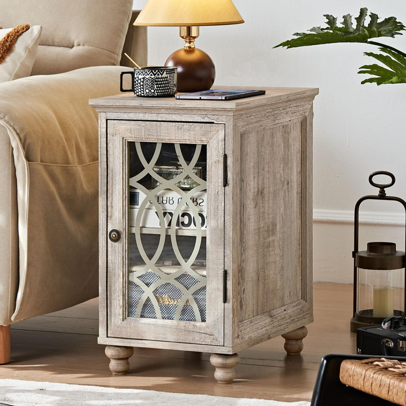 Tables d'appoint étroites avec rangement à porte vitrée, ensemble de deux, Chêne gris, Ensemble de 2