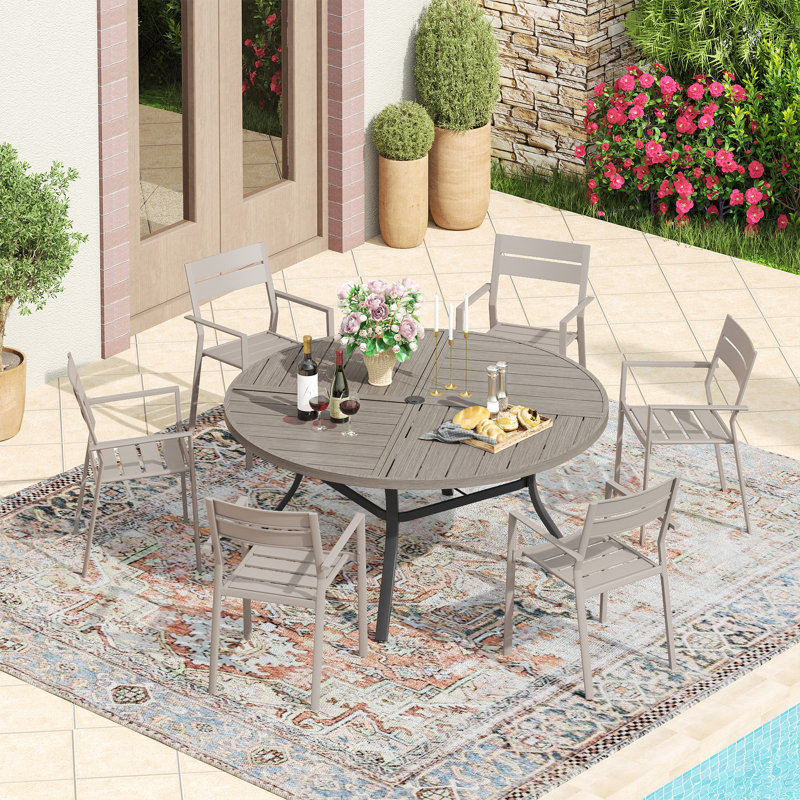 6-Person Patio Dining Set with 50“ Round Metal Dining Table and 6 Stackable Armrest Chairs, Brush Wood Gray/Cream