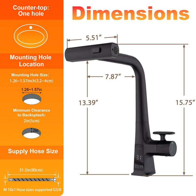 Robinet de cuisine à cascade avec pulvérisateur rétractable, affichage de la température, poignée simple, 3 modes de débit