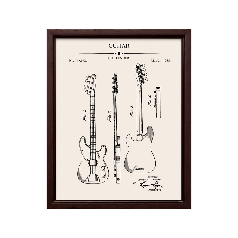 Plan de guitare électrique n ° 1, Canevas, H 18 po x l 24 po, Encadrement brun