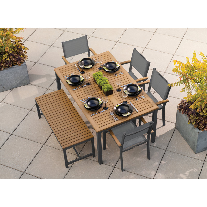 Travira Rectangular 6 - Person 63" Powder Coated Aluminum Sling Chair and Bench Patio Dining Set, Tekwood Natural, Ink Pen