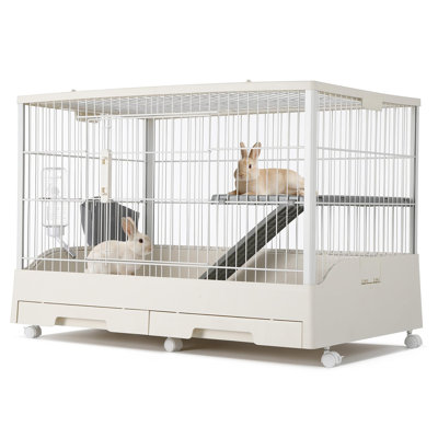 Small Animal Cage, Durable Large Rabbit Hutch, 33'' x 22''x 26'' Small Animal Cage with 2 Removable Tray, Ramp, 6 Casters, Water & Hay Feeder, Indoor & Out Door Use for Rabbit, Hamster
