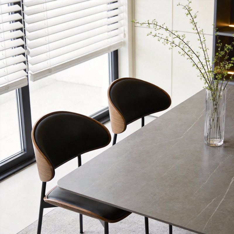 Grey Sintered Stone Dining Table with Black Carbon Steel Cross Legs, Modern Minimalist Design, 78cm H x 140cm W x 80cm D