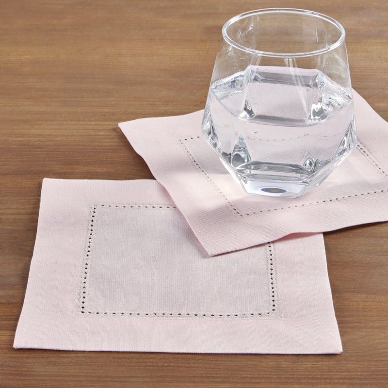 Cotton Linen Hemstitch Cocktail Napkins, Pink