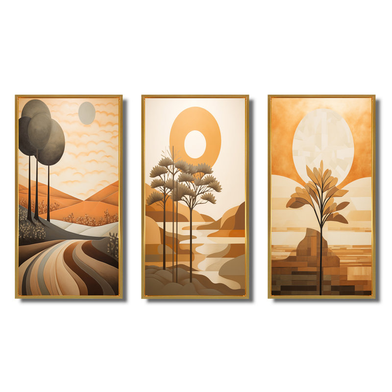 «Full Moon River Glow Retro Landscape», 3 pièces, Cadre flottant doré, H 48 po x l 32 po