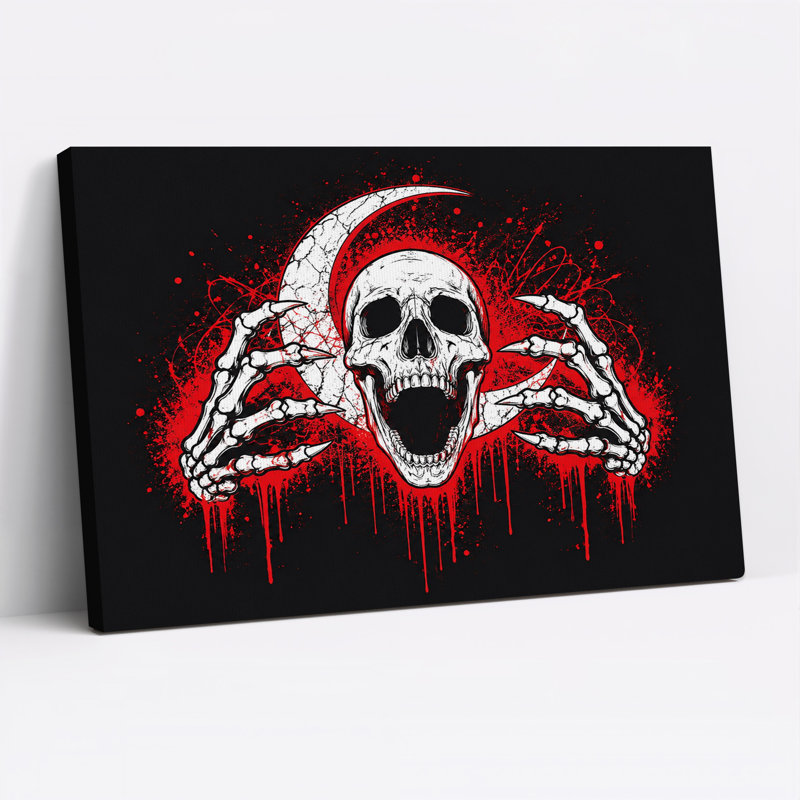 Art mural sur toile, crâne blanc avec mains squelettes et sang rouge, H 32 po x l 48 po