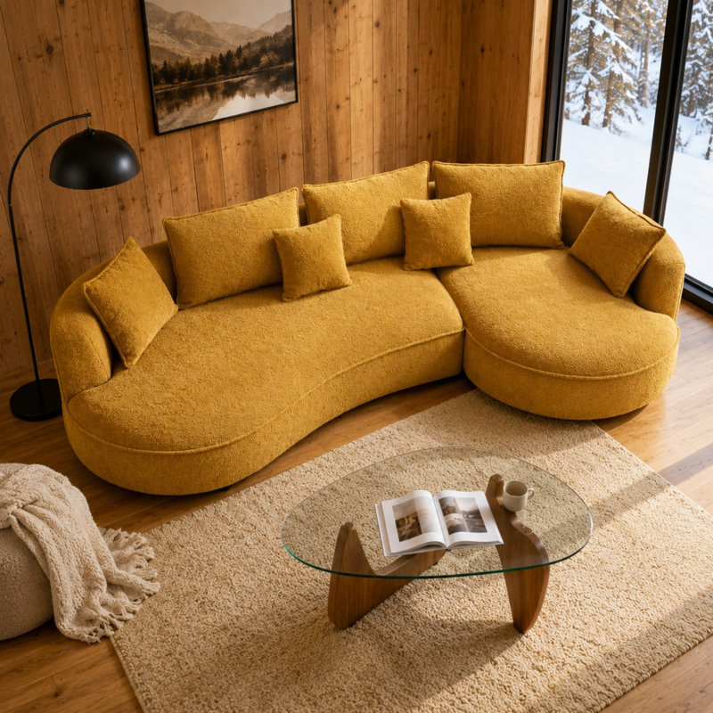 Mid-Century Modern Living Room Set: Curved Boucle Sectional Sofa (Yellow, Right-Facing Chaise) + Sculptural Glass Coffee Table With Wood Base