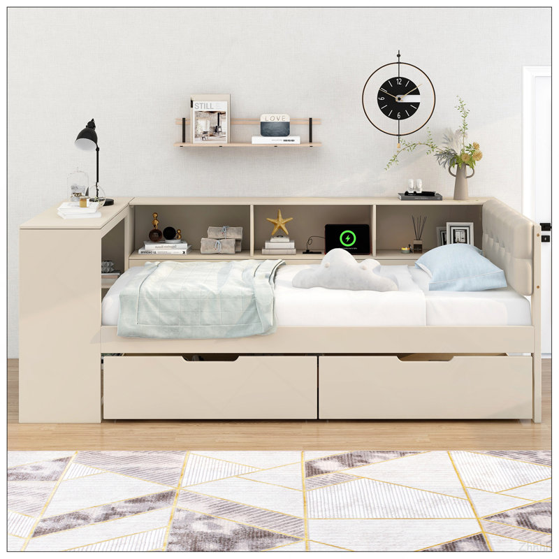 Lit plateforme simple en bois avec tablettes de rangement, tiroirs, station de charge et tête de lit tapissier, crème, Cream