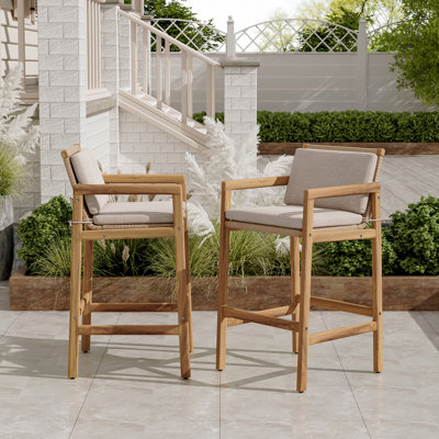 Set Of 2 Outdoor Patio Barstool, Wooden Teak Finished With Beige Cushion