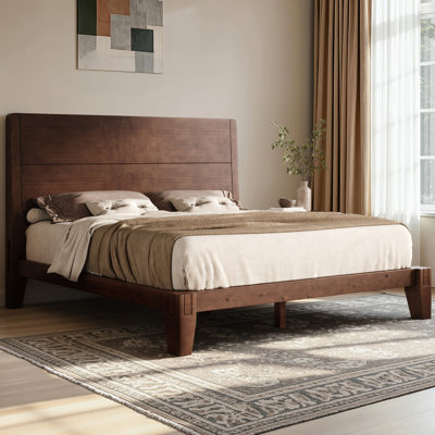 Solid Wood Full Platform Bed with Japanese Joinery & Panel Headboard, Walnut
