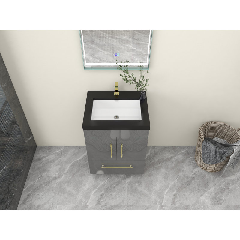 Ensemble de meuble-lavabo simple 24 po Camodeca, Gris à haute brillance, Or mat