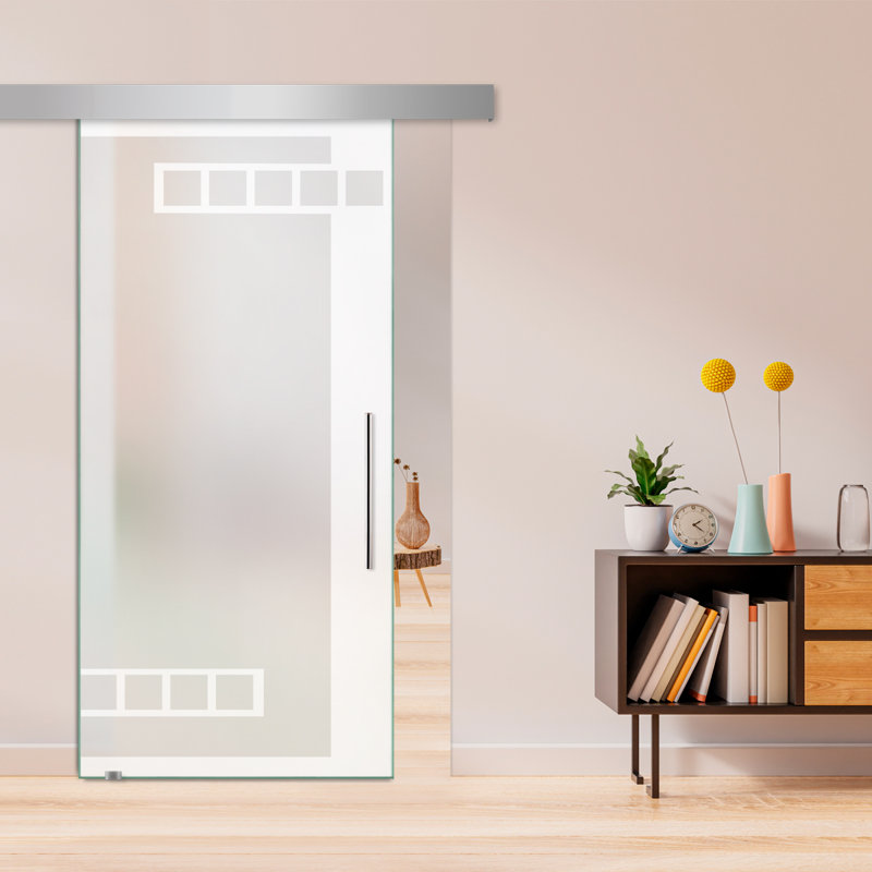 Porte de grange coulissante en verre sans cadre avec design moderne givré + ensemble de quincaillerie (double-privé), Givré
