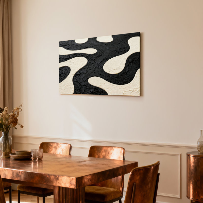 Abstrait noir et crème à motif de vagues tendues sur toile tendue sur toile, ensemble de 1, H 12 po x l 18 po