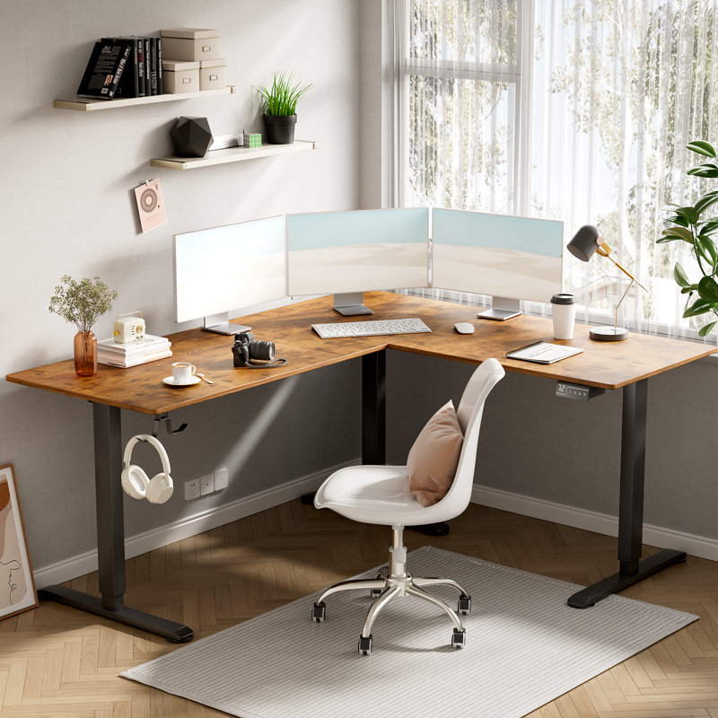 63" L Shaped Home Office Height Adjustable Electric Standing Desk, Brown/Black, 45.7" H x 63" W x 55" D