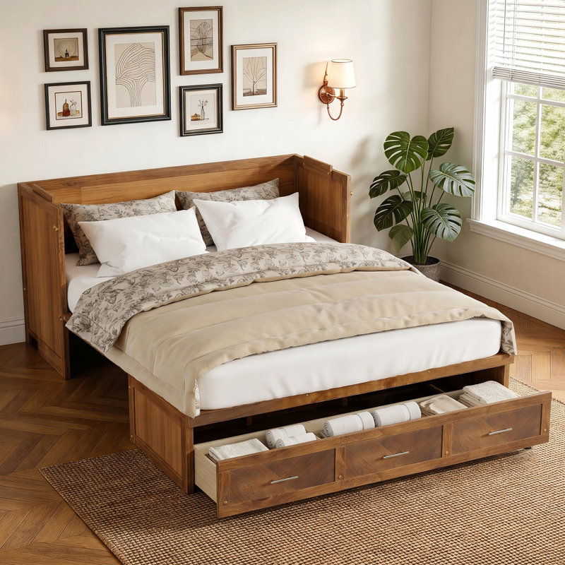 Grand lit escamotable avec grand tiroir de rangement, armoire murale en bois de pin avec station de charge USB intégrée