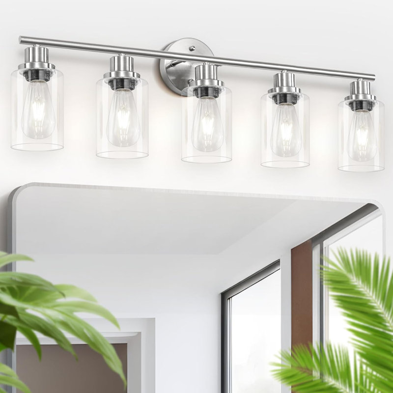 Luminaire de salle de bain moderne à 5 lumières avec fixation réversible, finition nickel brossé et base E26 résistante à la chaleur pour un éclairage domestique polyvalent