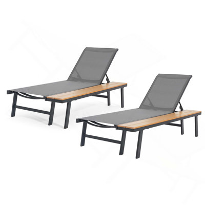 Set Of 2 Patio Aluminum Frame Chaise Lounge With Mesh Seating Adjustable Recline And Attached Wood Side Table