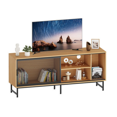 Meuble télé industriel en bois pour téléviseur de 65 pouces, centre de divertissement de style campagne moderne avec portes coulissantes en filet métallique, pieds en métal robustes et gestion des câbles