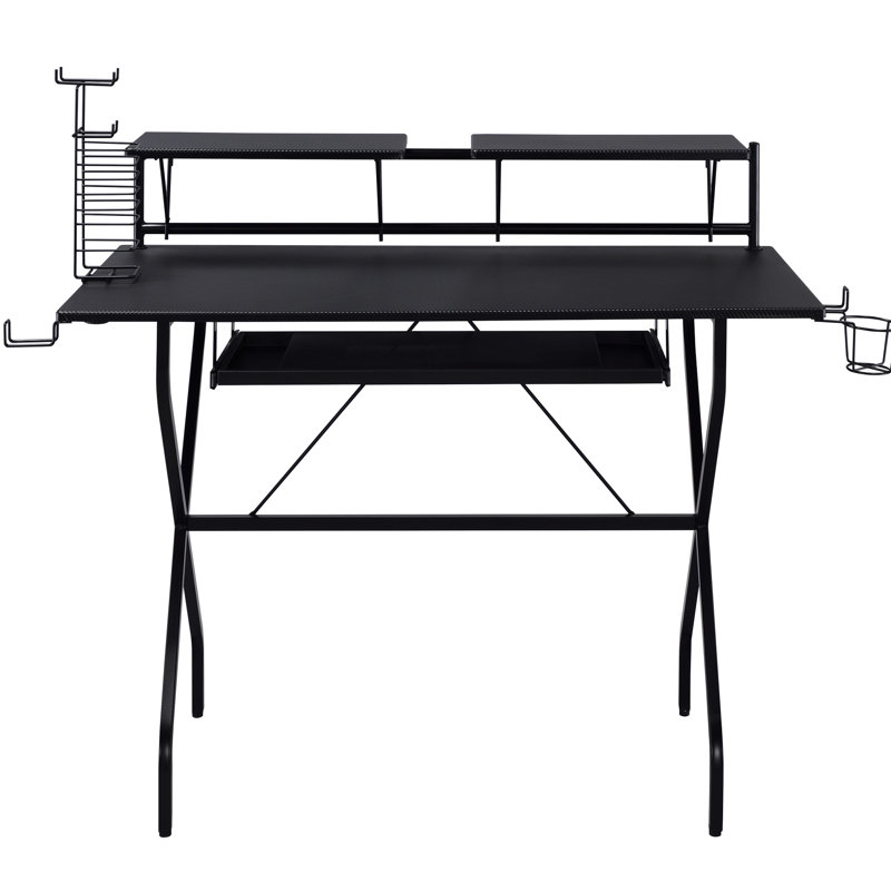 Bureau d'écriture noir avec plateau à clavier, construction stable et ordinateur pratique avec structure en bois et métal