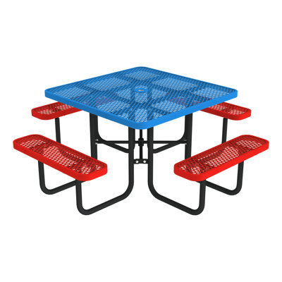 Open Air Series Square Picnic Table with Benches, Umbrella Hole, and Surface Mount