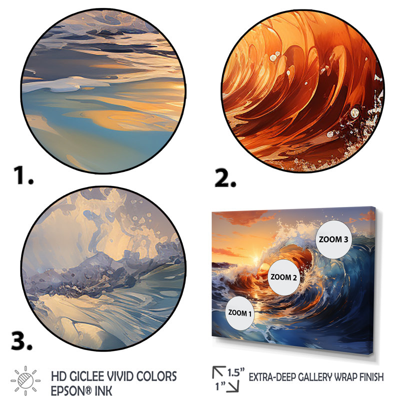 «Blue and Orange Sunrise Waves III» - art mural vagues côtières, Cadre flottant noir, H 24 po x l 32 po x P 1 po