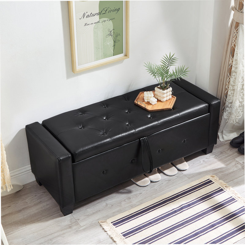 48" Ottoman Bench With Storage, Bench For Bedroom,Living Room,Hallway, Upholstered Tufted Faux Leather PU Ottoman Black