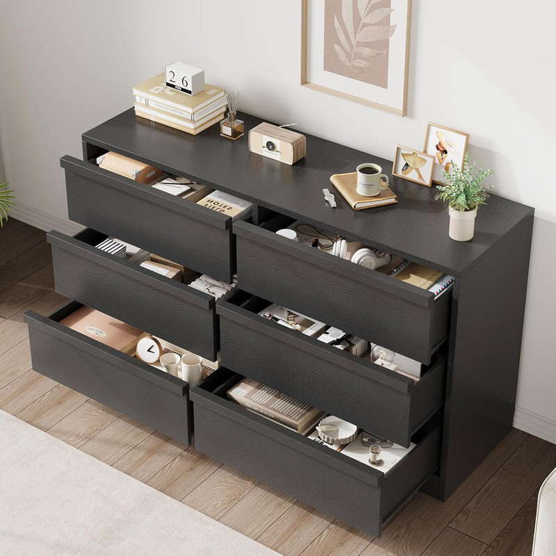 Commode à 6 tiroirs - Commode en bois de 47 po de largeur pour la chambre à coucher, grand rangement pour le salon, le vestibule, la chambre de bébé, le placard